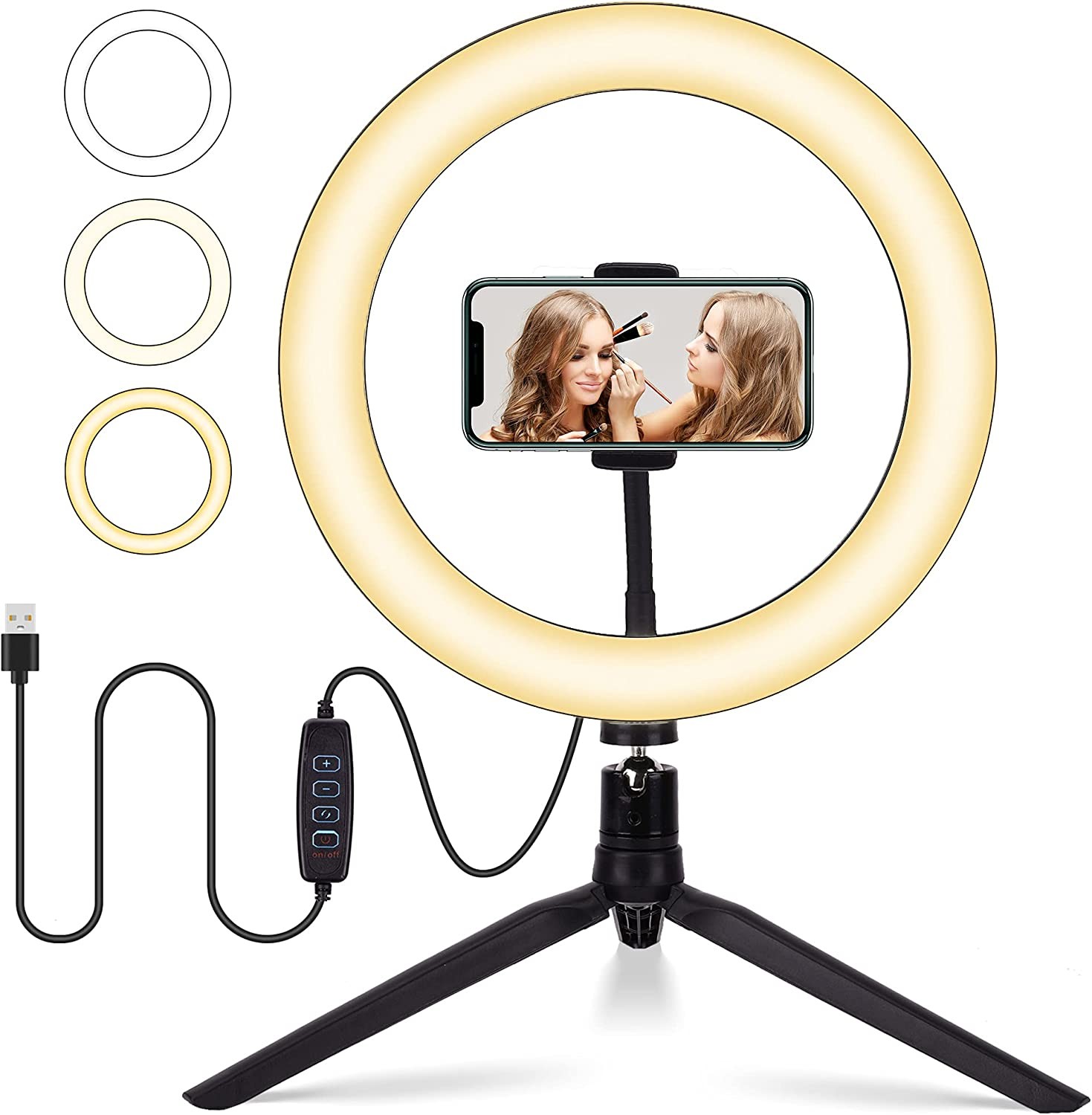 LED Ring Lamp with 3-Color Modes USB Powered Circle Light with Remote for Selfie Makeup Video Shooting Live Streaming Ring Light with Tripod Stand & Phone Holder 10 Inch Stepless Dimmable Accessories 